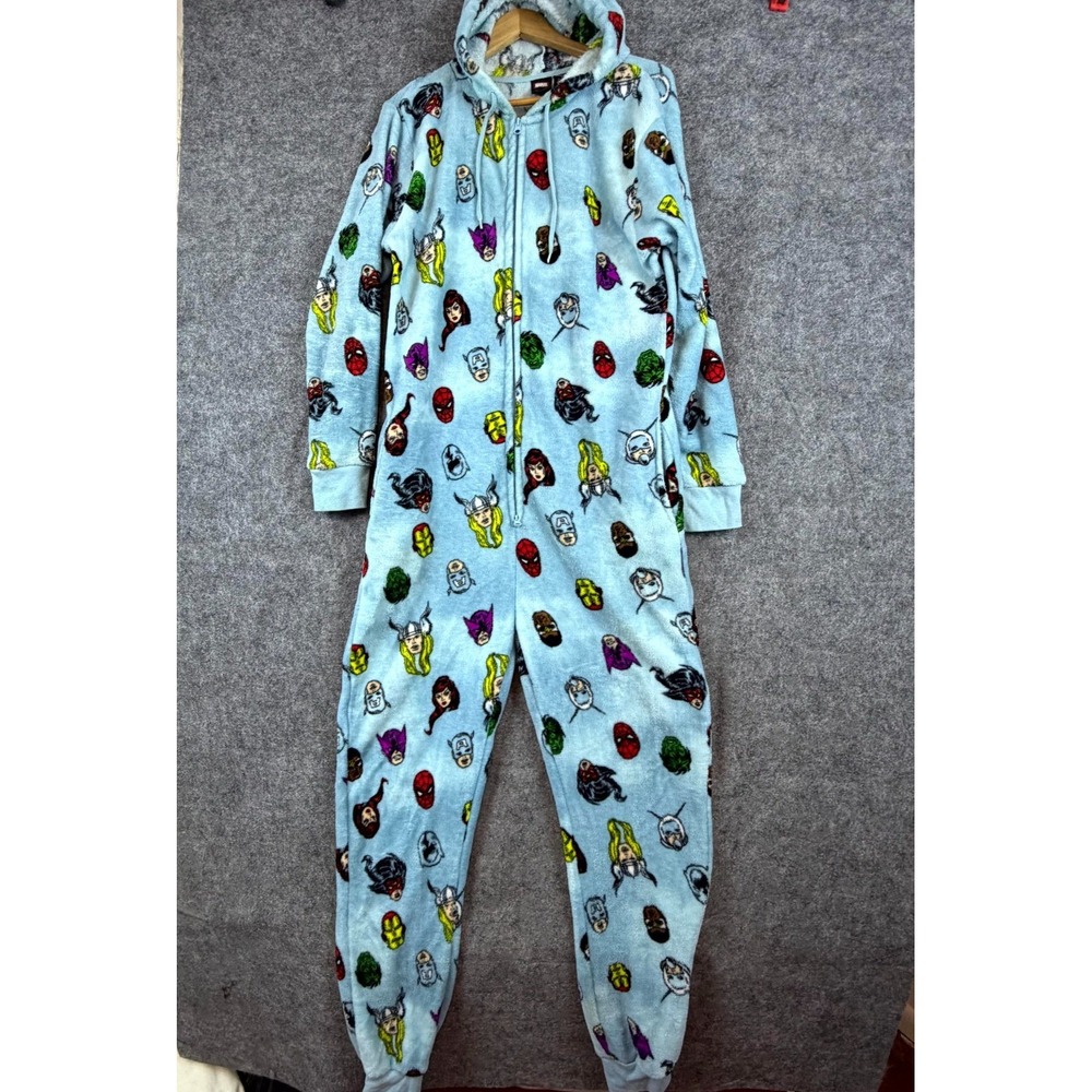 Marvel Avengers Characters One Piece Jumpsuit Pajama Medium Blue Fleece Hooded